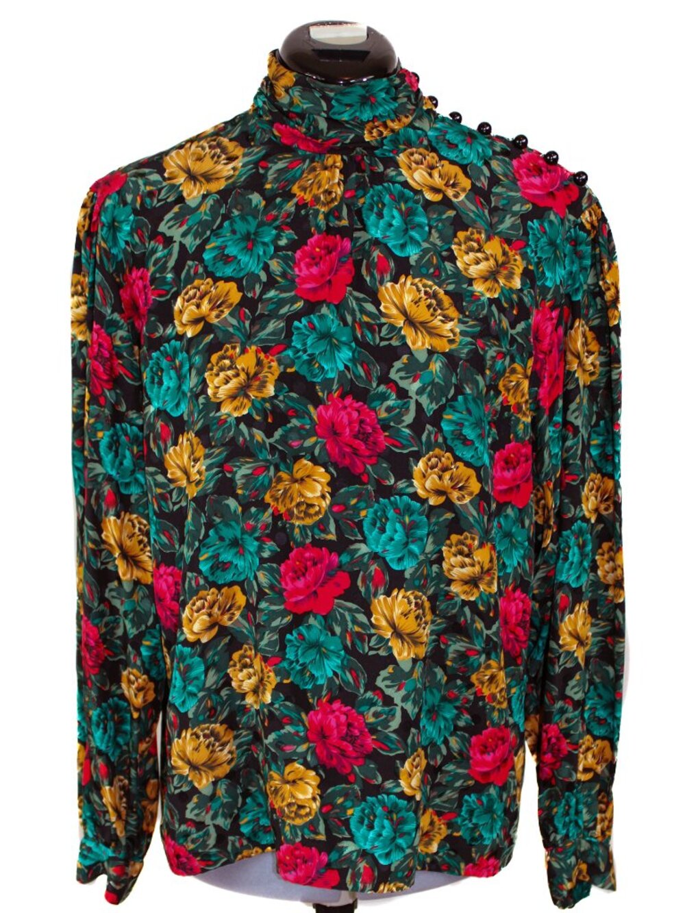 Vintage CARLISLE Womens Size 8 Floral Blouse 100% Silk Long Sleeve Mock Neck